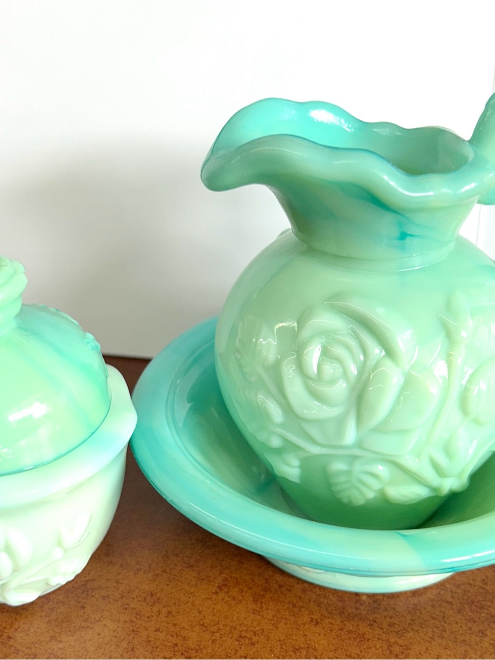 Vintage 70th Avon Mint Aqua Glass Bowl with Raised Logo